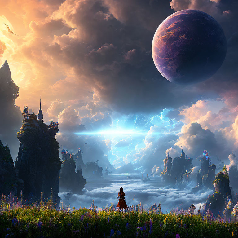 Person in vibrant field views fantastical landscape with floating islands, grand castle, and giant planet.