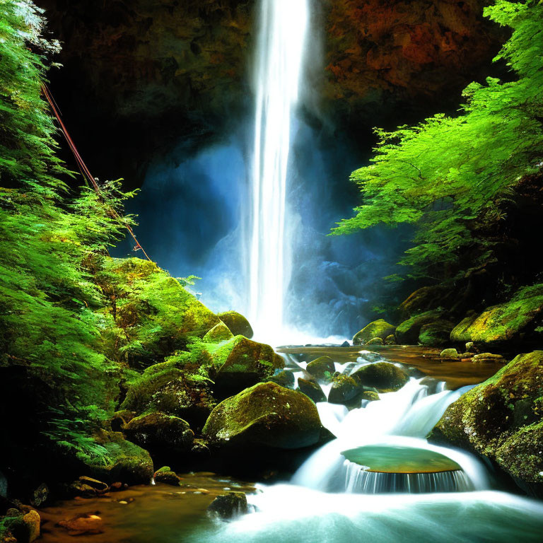 Tranquil waterfall surrounded by lush green foliage