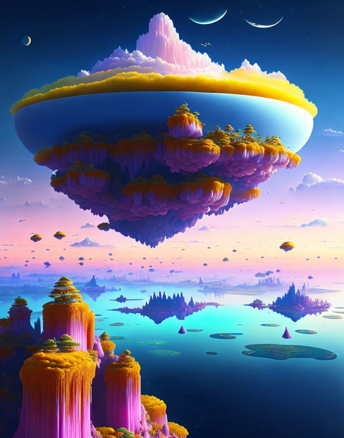 Colorful fantasy landscape: floating islands, vibrant vegetation, twilight sky, serene waters.