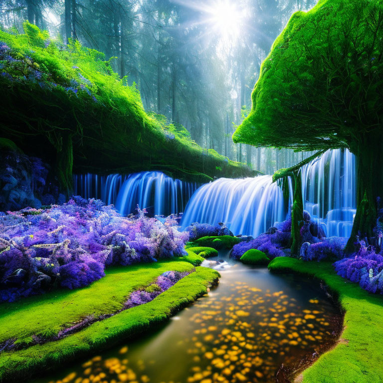 Serene forest scene with purple flowers, mossy ground, and sunlit waterfall