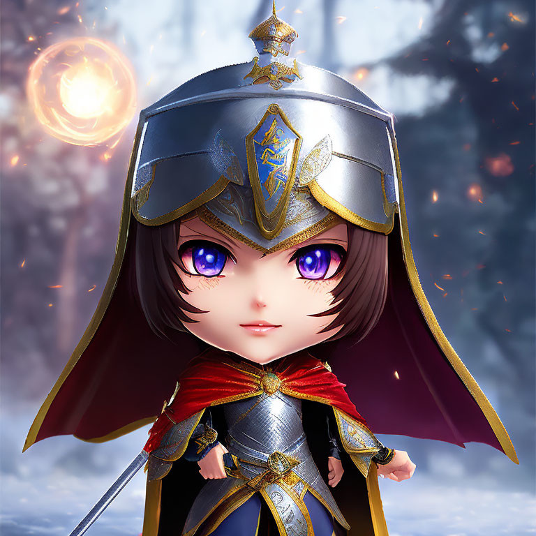 Chibi-style animated character in ornate medieval armor with purple eyes and magical orb on frosty backdrop