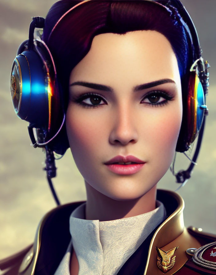 Digital portrait of woman in shiny headphones, military jacket, and purple highlighted hair