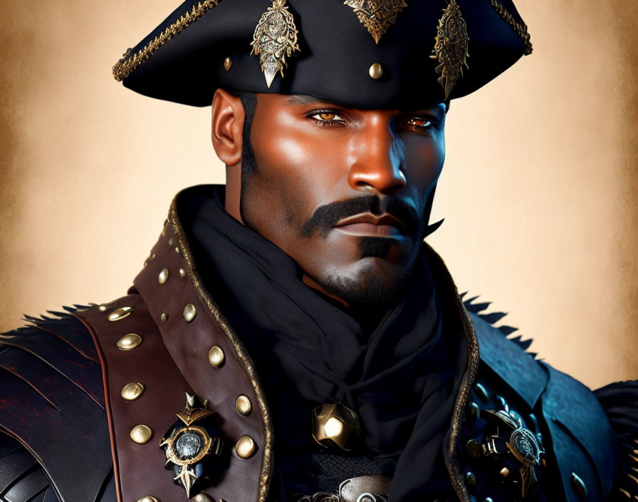 Digital artwork of stern man in ornate military attire