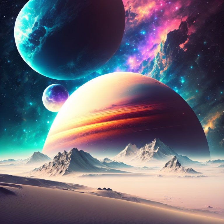 Surreal cosmic landscape: snowy mountains, starry sky, ringed planet.