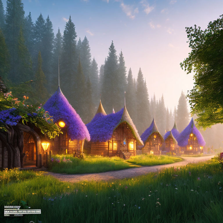 Thatched-roof cottages in a lush forest setting at dawn or dusk