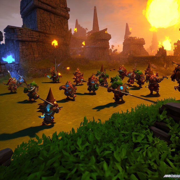 Armored characters in battle amidst ancient ruins under an orange sky with flames and green grass