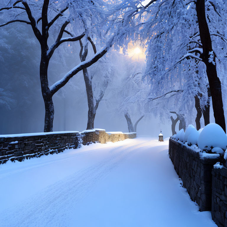 Snowy Dusk Landscape with Snow-Covered Trees and Lantern Path