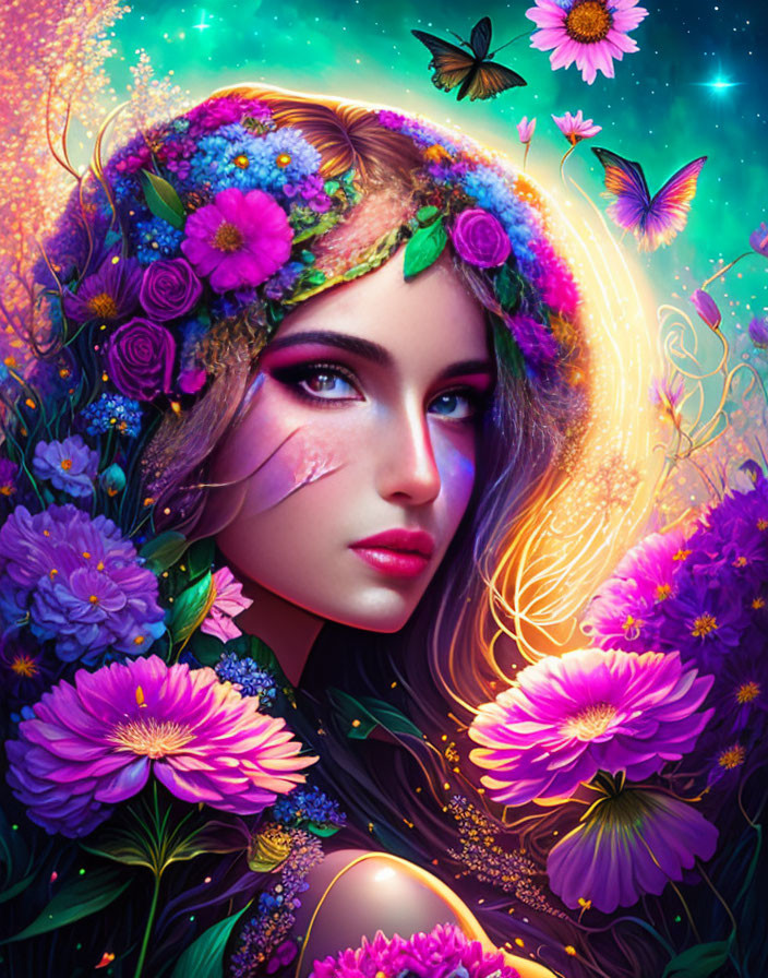 Colorful Woman with Floral Wreath and Butterflies Among Flowers at Night