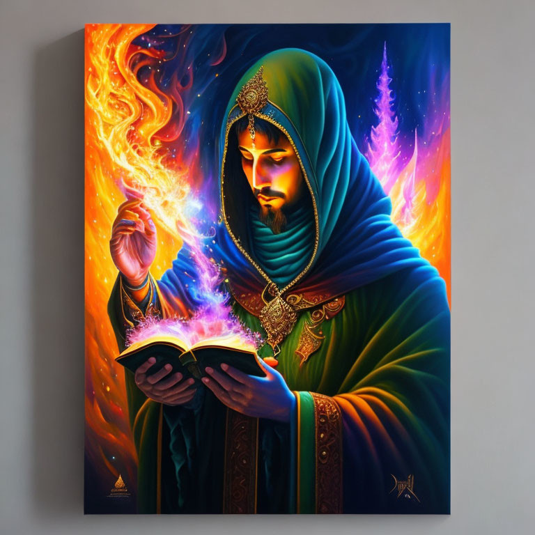 Colorful Mystic Figure Reading Book Surrounded by Flames