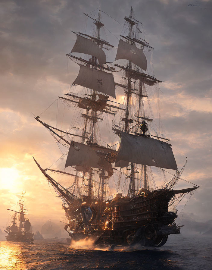 Tall ship with billowing sails on golden-lit sea