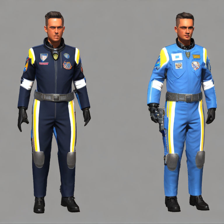 Male character in two space agency uniforms: dark blue and blue with yellow accents