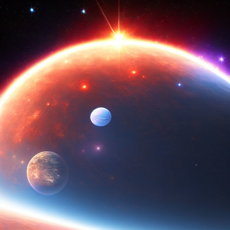 Colorful space scene with red planet, moons, and bright star.