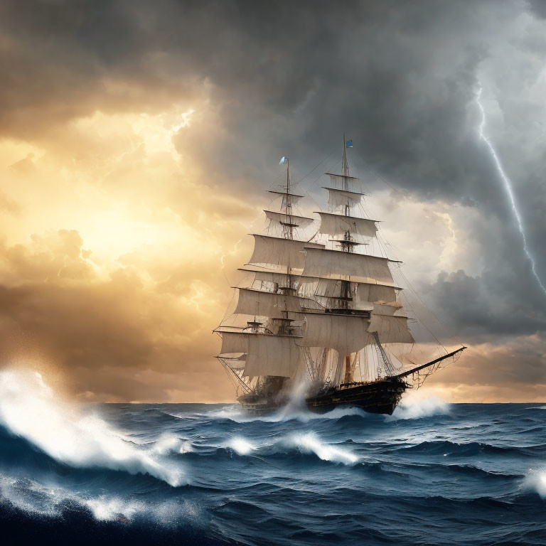 Tall ship sailing on turbulent seas under stormy skies