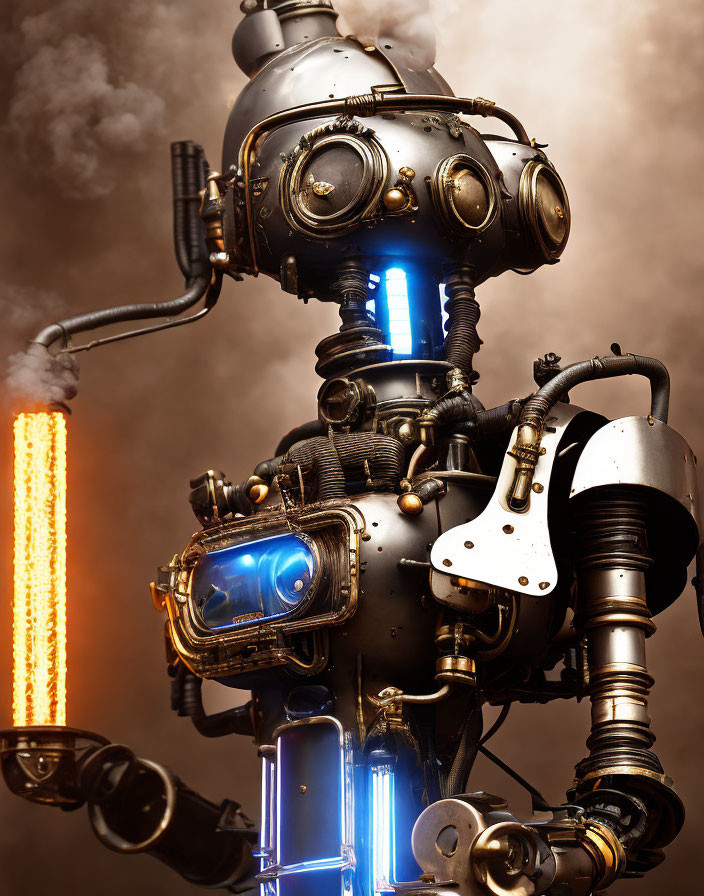 Detailed steampunk robot with glowing blue lights and intricate metalwork against smoky background.