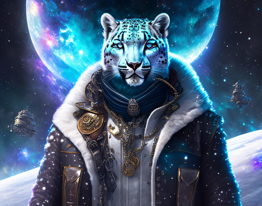 Snow leopard with human-like eyes in studded jacket and medallions on cosmic backdrop