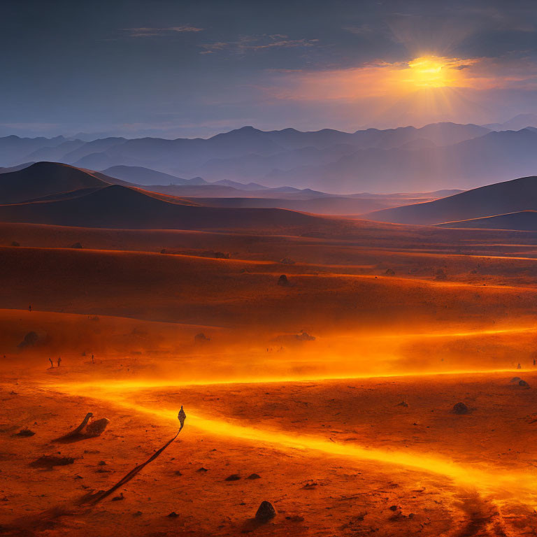 Person standing in sand dunes at sunset with golden light and mystical haze