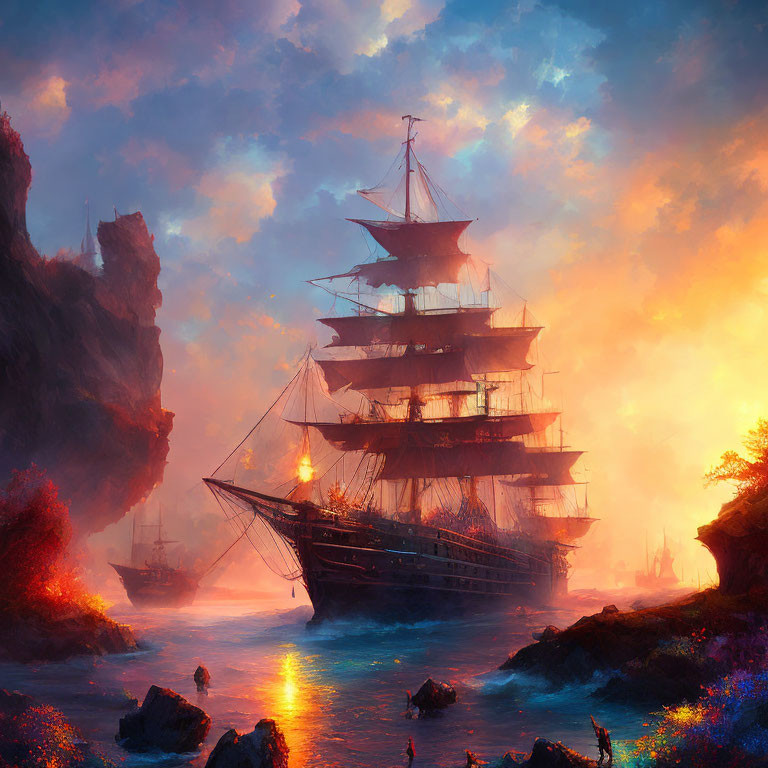 Sailing ship with multiple masts in vibrant sunset scene