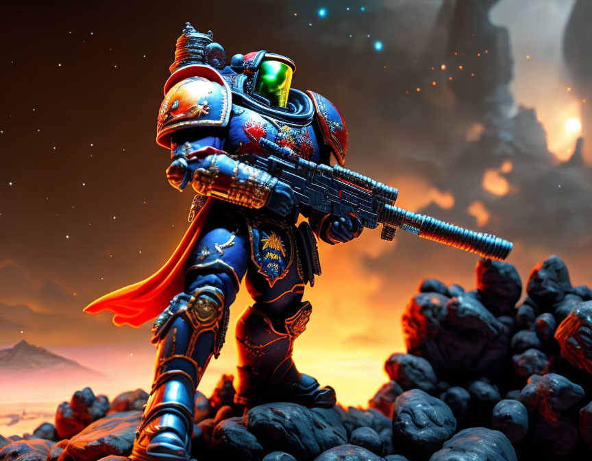 Futuristic armored soldier with green visor, rifle, and cape on rocky terrain under dramatic orange