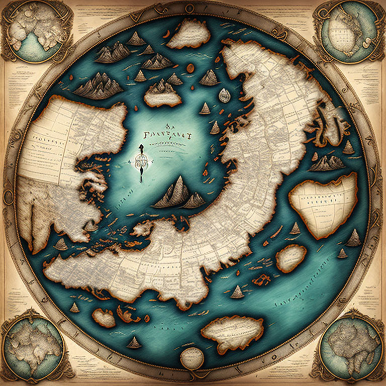 Circular Ocean Map Drawing with Vintage Style and Mythical Creatures