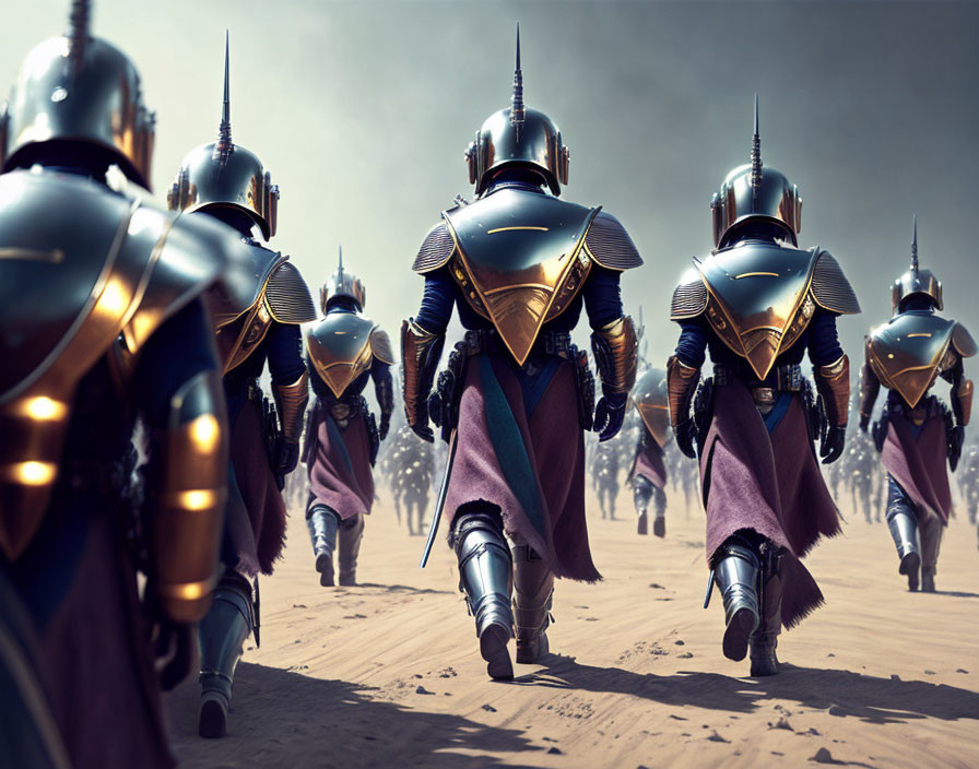 Futuristic knights in gleaming armor march through desert landscape