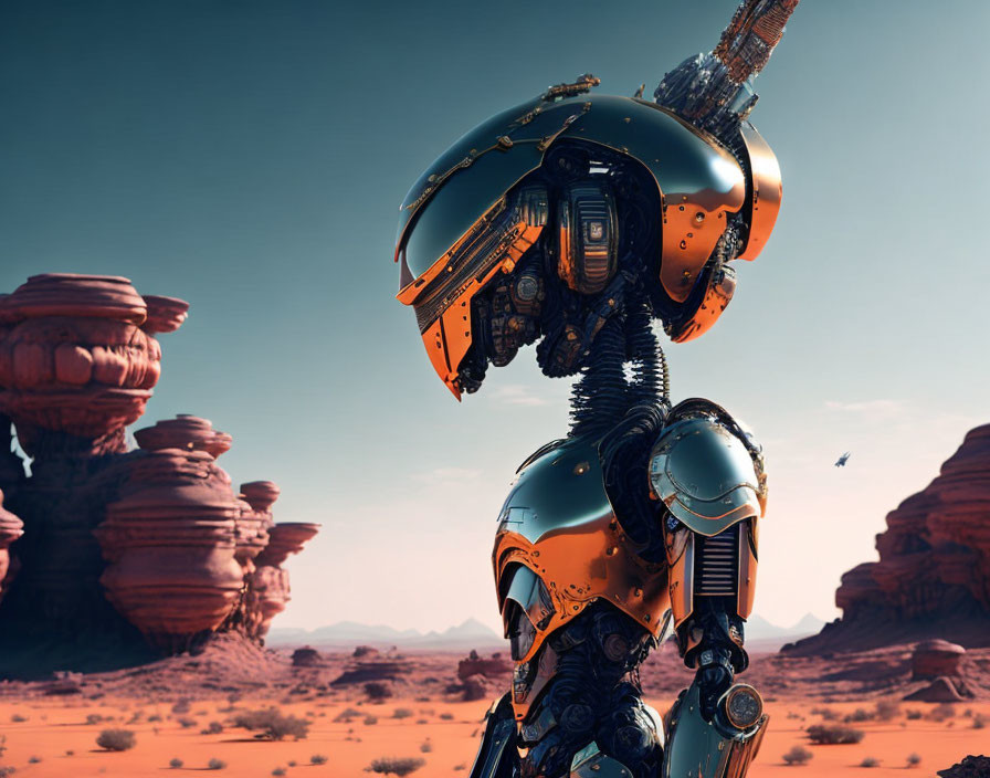 Futuristic orange and black robot in desert landscape