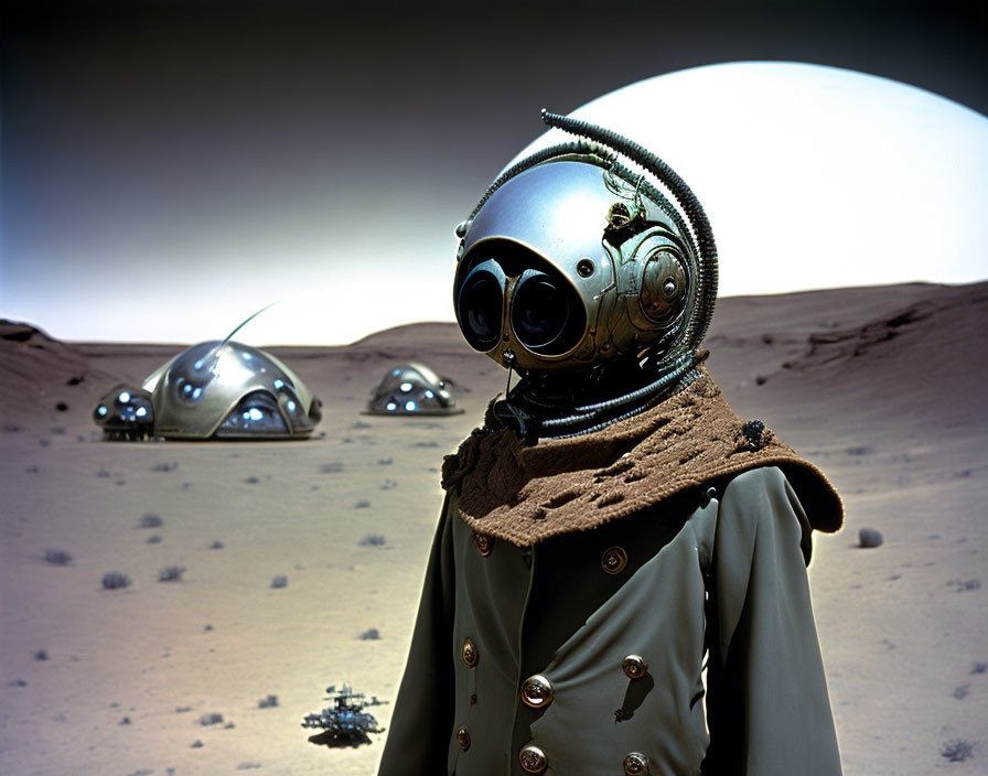 Vintage astronaut suit with domed helmet on Mars-like landscape and retro-futuristic structures.