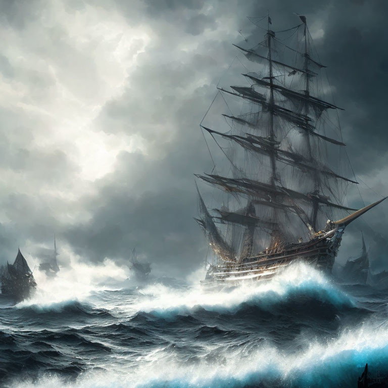 Tall Ship Sailing Through Stormy Seas and Ominous Sky