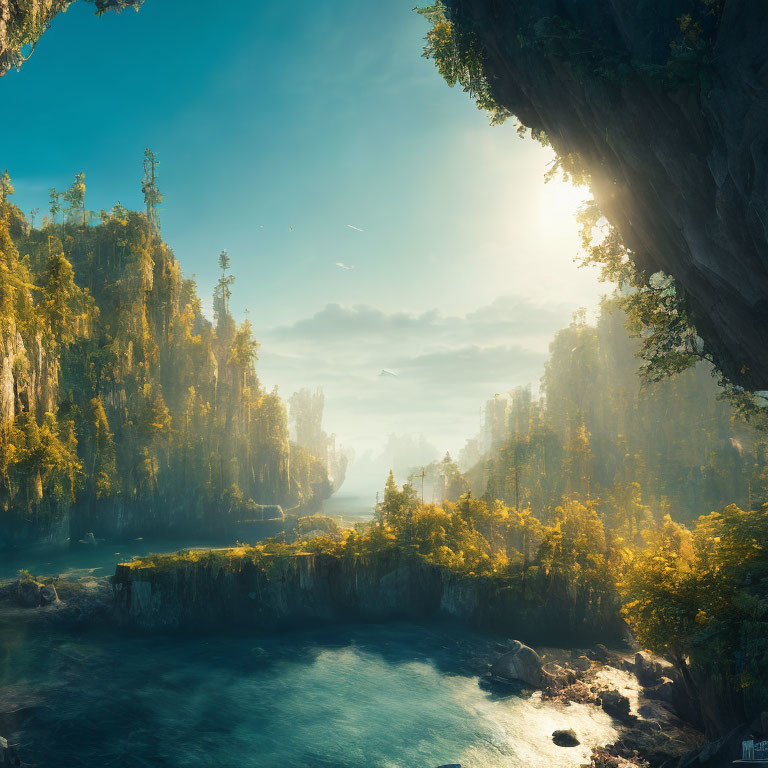 Cliffside greenery and blue river under golden sunrise