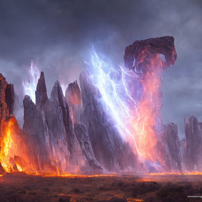 Majestic fiery rock formation struck by blue lightning in stormy landscape