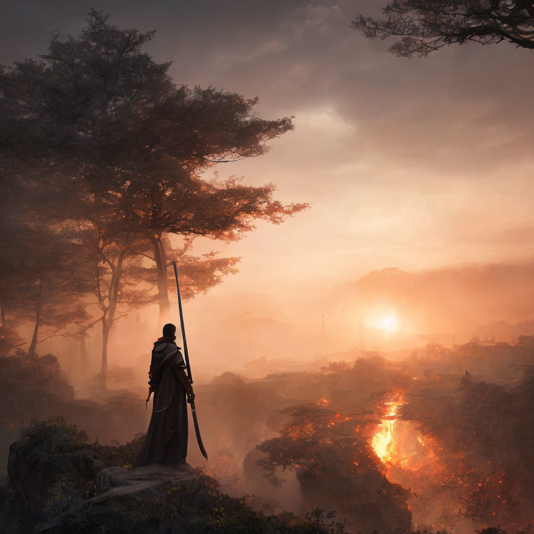 Cloaked figure in armor gazes at volcanic landscape