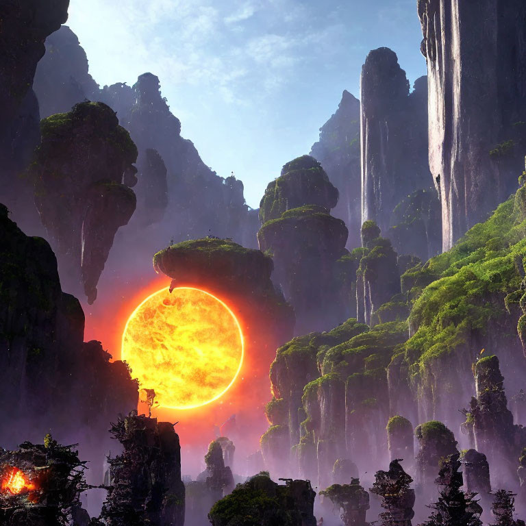 Mystical landscape with moss-covered rock formations and glowing sun