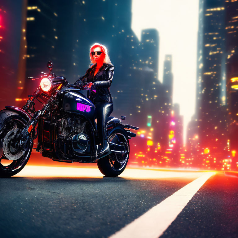 Woman in black leather outfit and red sunglasses on motorcycle in neon-lit cityscape.