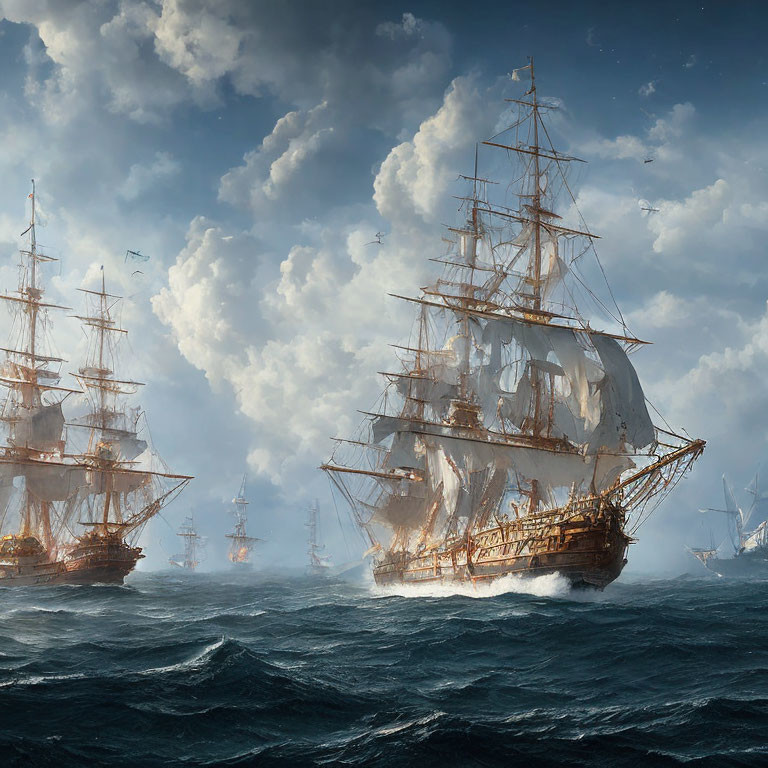 Majestic tall ships sail choppy seas under dramatic sky