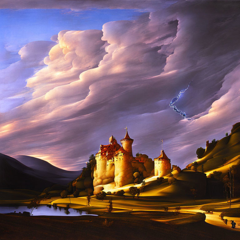 Stormy Sky Castle Painting with Lightning