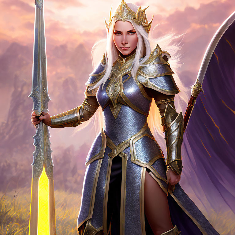 Female warrior in silver armor with crown, sword, and shield against dusky sky