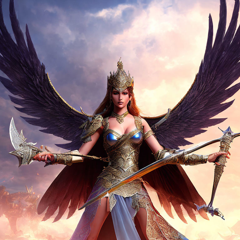 Dark Angel Warrior in Golden Armor with Sword and Axe against Dusk Sky