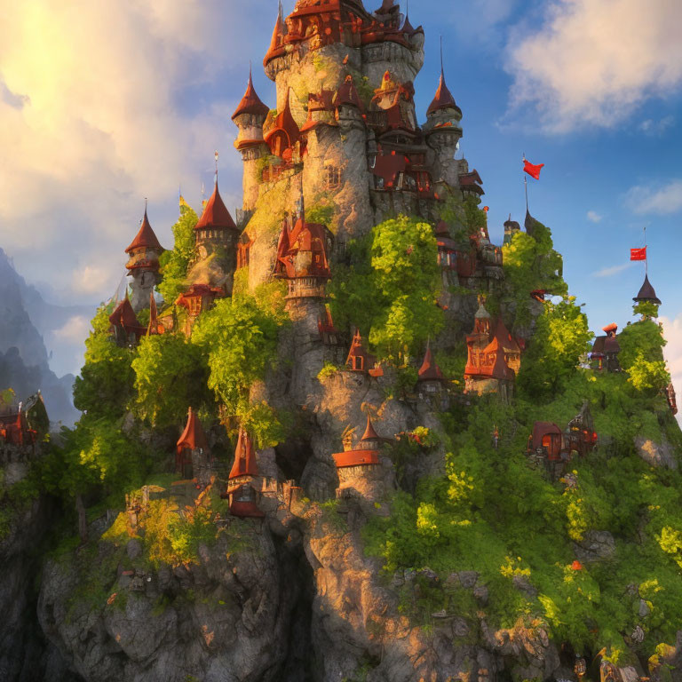 Majestic fantasy castle on cliff with spires, greenery, and sunlight