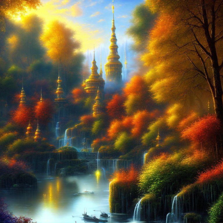 Golden spires and autumn trees in mystical landscape with tranquil water.