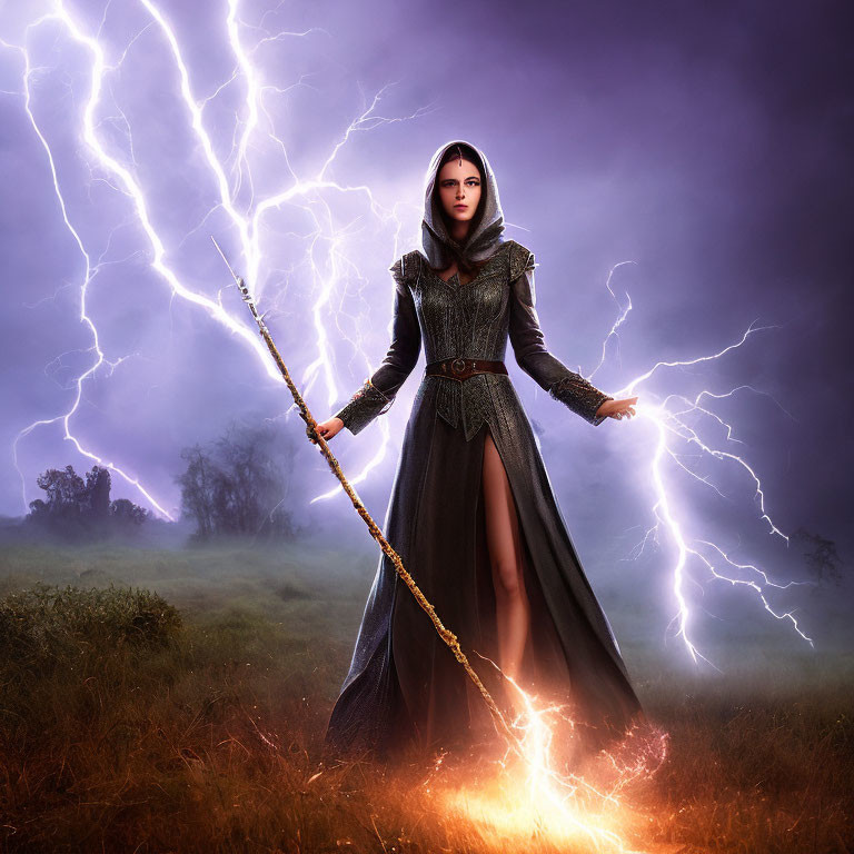 Person in Dark Cloak Stands Amidst Lightning Bolts