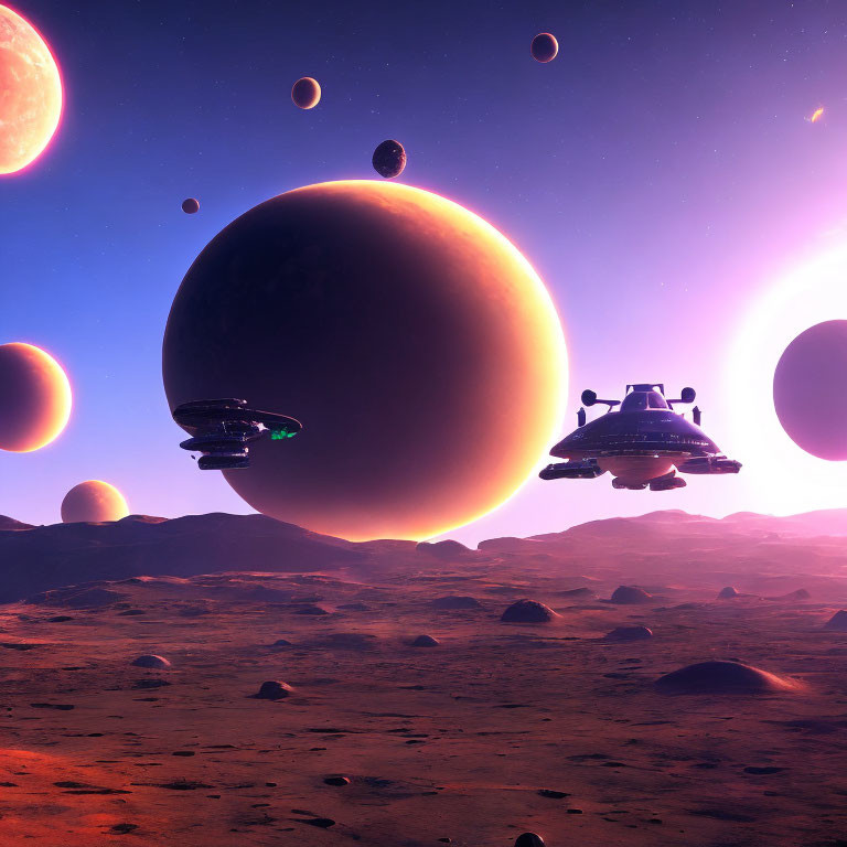 Sci-fi landscape with spaceships over rocky alien planet and large moons in the sky