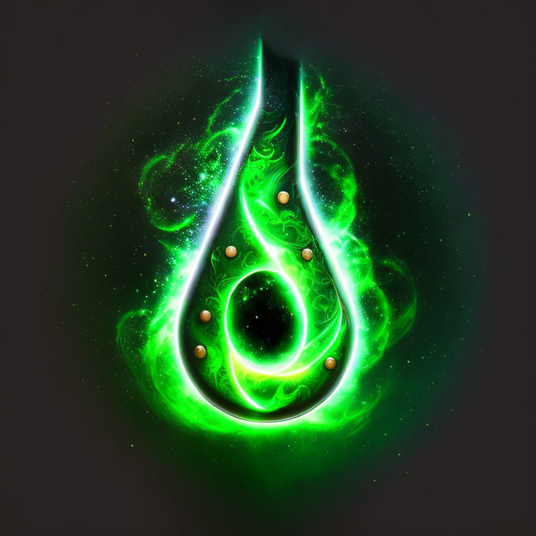 Green flame-like design with golden orbs on dark background.