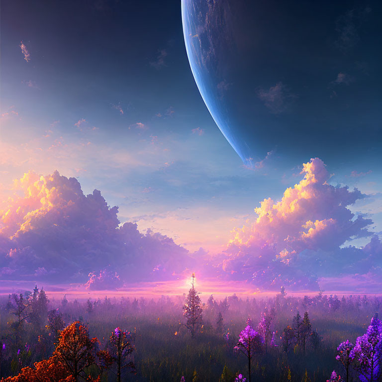 Surreal sunset landscape with forest and large planet in background