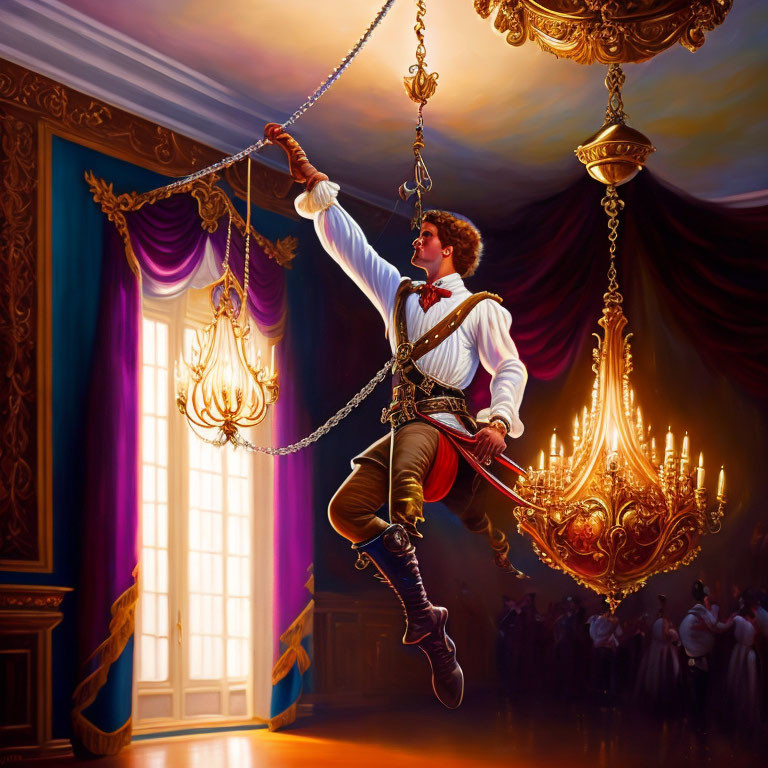 Swashbuckling figure swinging on chandelier in opulent room