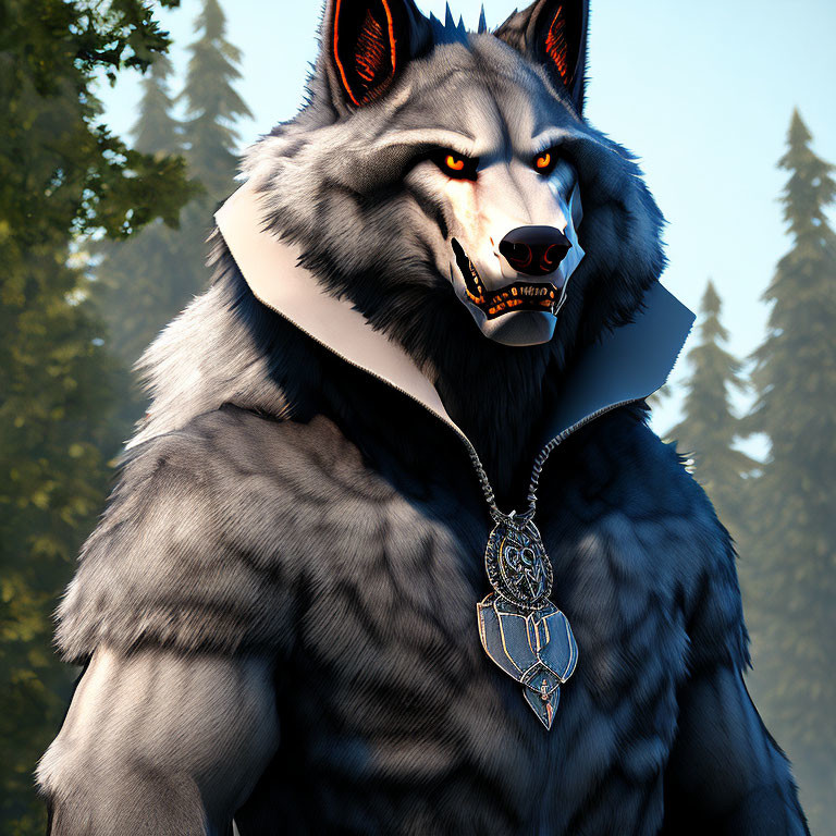 Anthropomorphic wolf with red glowing eyes in forest setting