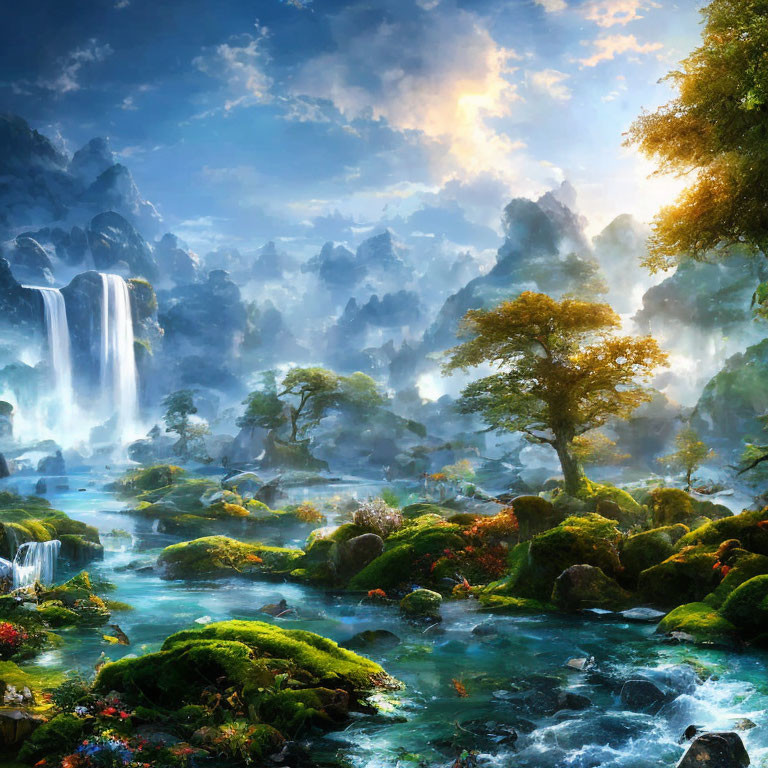 Serene fantasy landscape with waterfalls, greenery, flowers, mountains