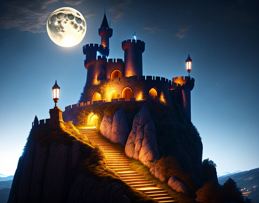 Night sky with full moon illuminating castle on hill with glowing lanterns.