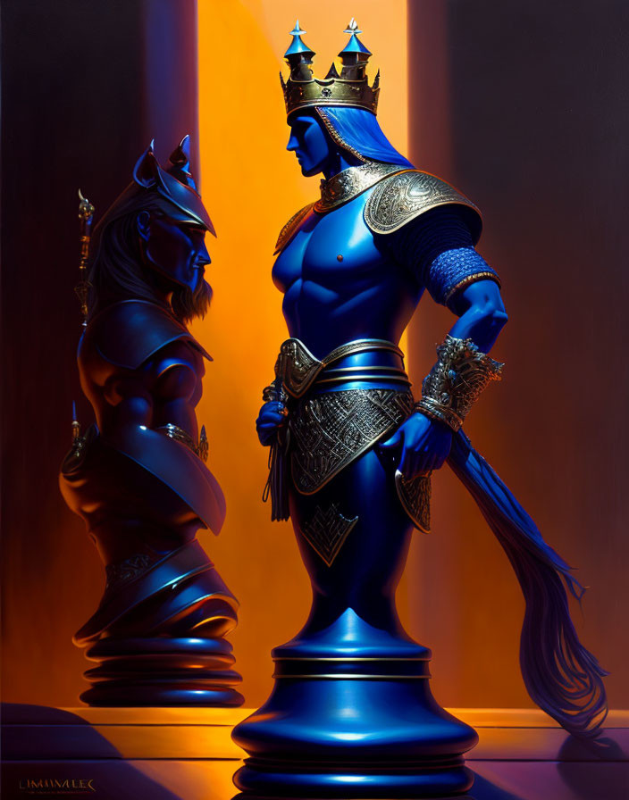 Blue King and Knight Chess Pieces with Ornate Armor on Dramatic Orange-lit Board