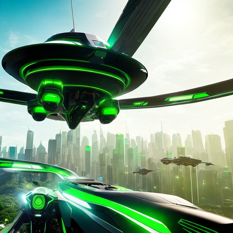 Futuristic cityscape with green-lit flying vehicles and skyscrapers surrounded by lush greenery