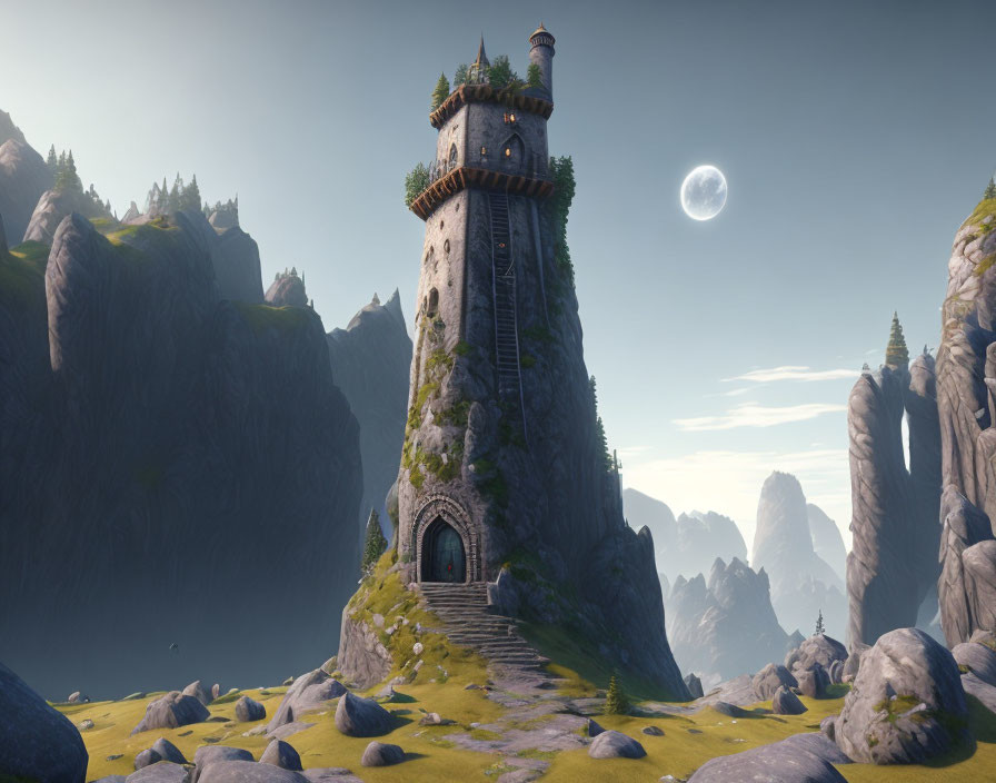 Stone tower on steep hill with rugged cliffs under full moon