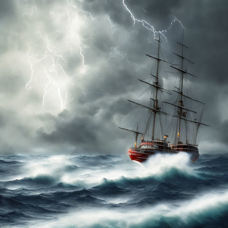 Tall ship with lit lanterns in stormy seas with lightning.